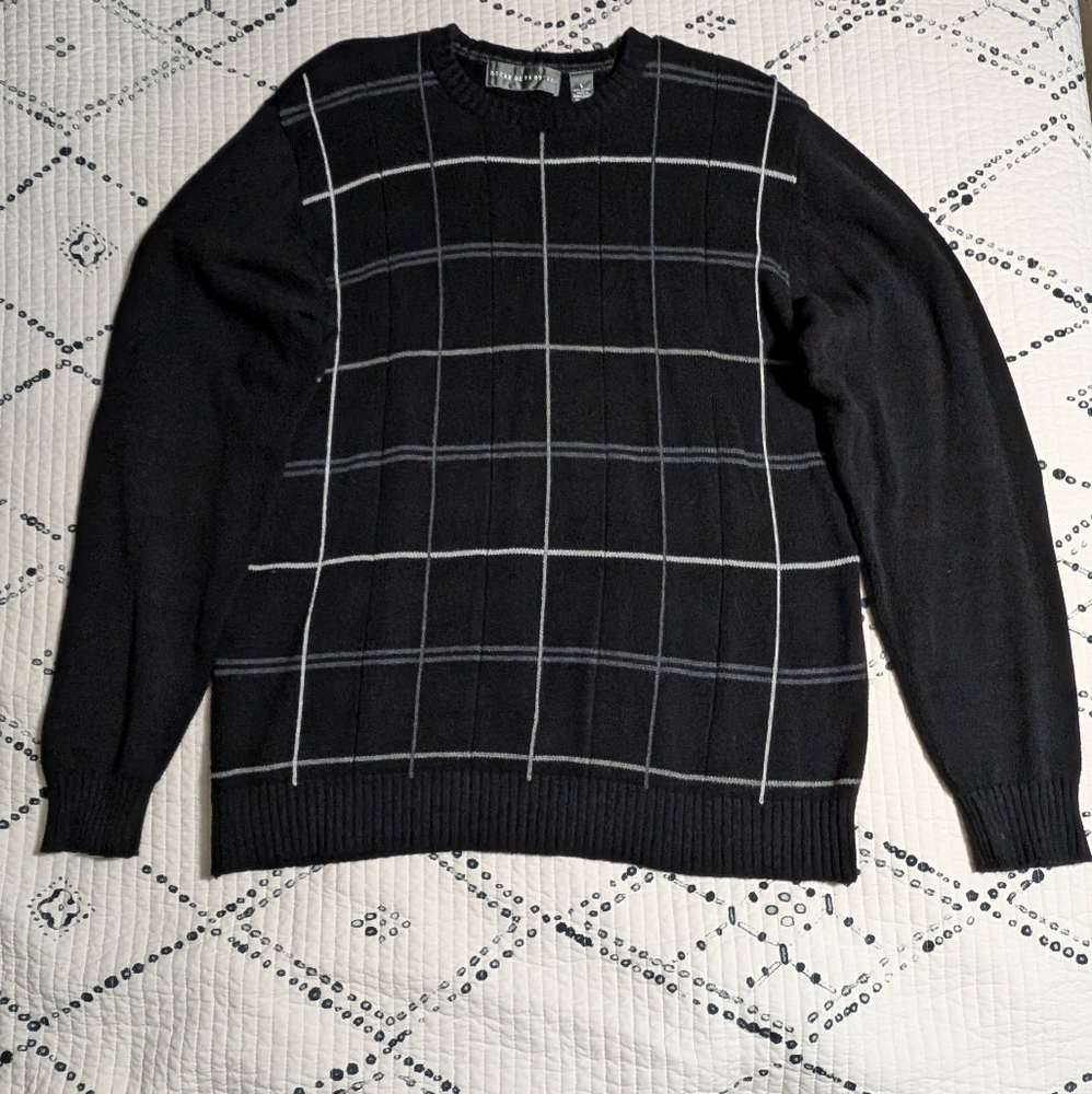 ☘️Oscar De La Renta Long Sleeve Plaid Design Knit Black Sweatshirt Size Large